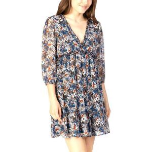 SPEECHLESS Women's Navy Multicolor Floral Sheer Ruffle Mini Dress Medium NWT